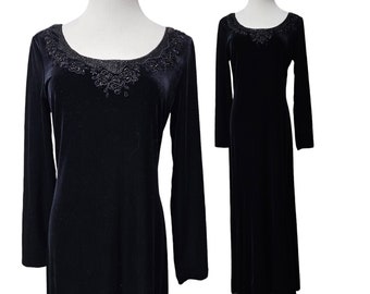 90s J.R. Nites Petites by Caliendo beaded neckline black velvet long sleeve dress . size 12P