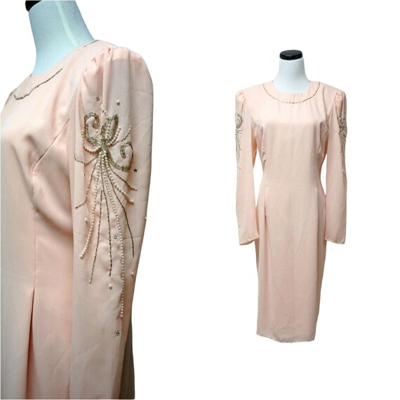 80s - 90s AFTER DARK cut out back beaded peach dr… - image 1