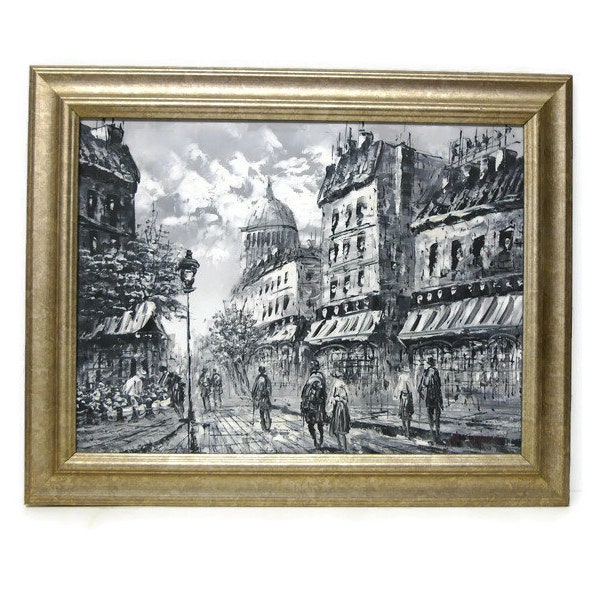 City Scene . black and white oil painting . signed W. Chapman