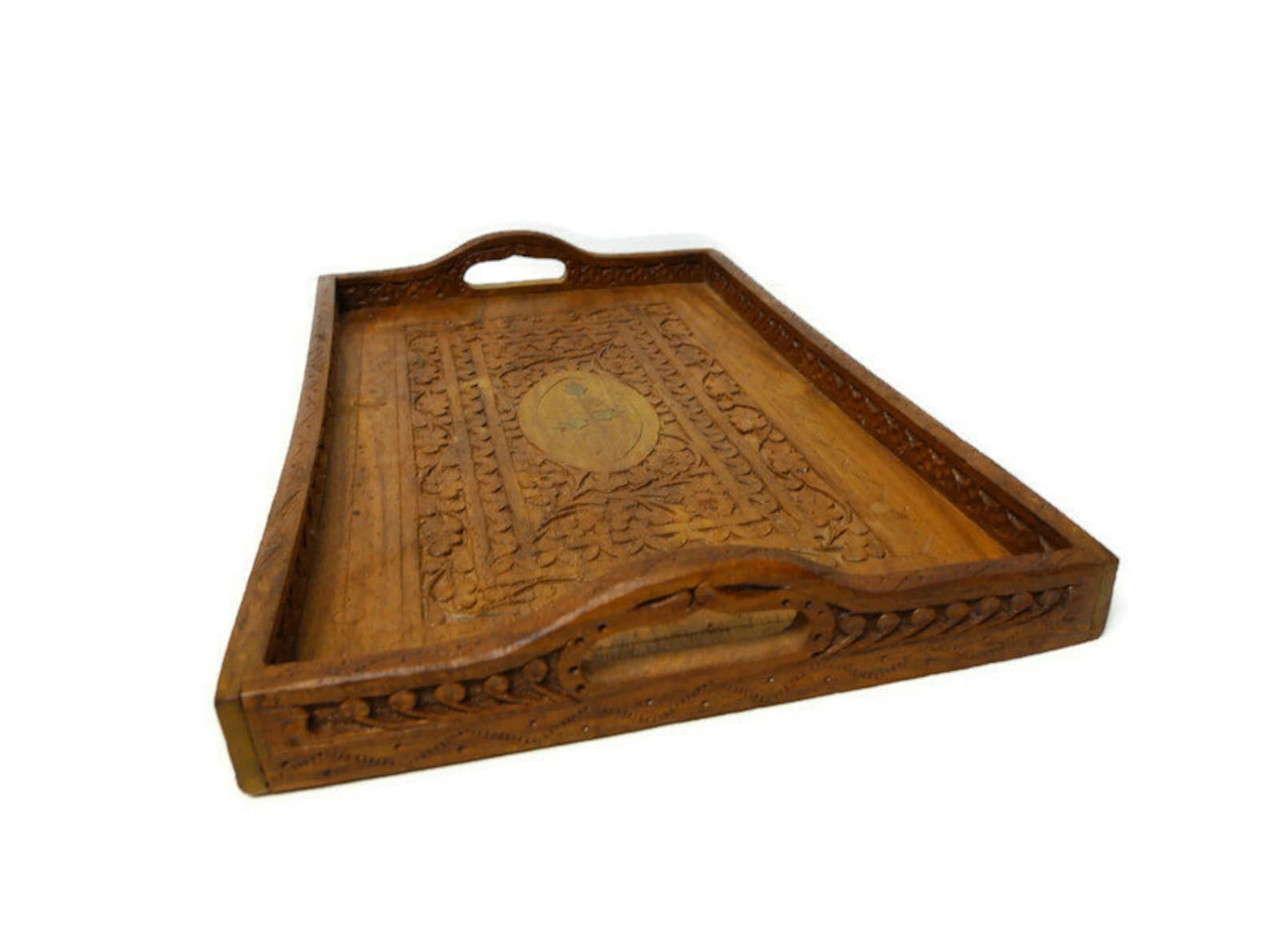 Artisan Carved & Inlaid Wood Serving Tray Etsy