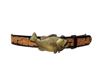 Bass statement buckle on tooled leather belt . size 36