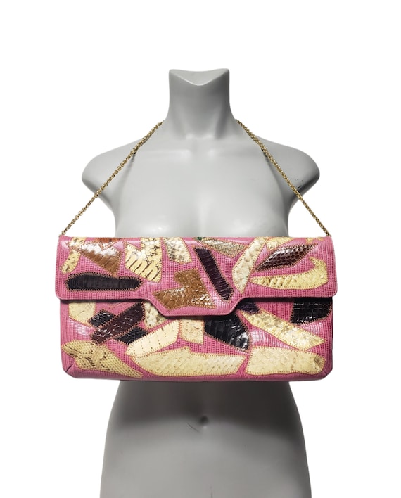 pink snakeskin patchwork clutch / shoulder bag