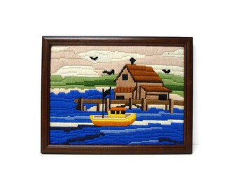 70s Pier house framed yarn needlework . 13" x 10"