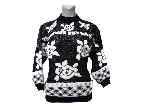 80s black and white floral pattern knitted sweate… - image 1