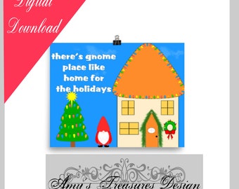 There's Gnome Place Like Home Christmas Art Print | Digital Download | Christmas Wall Art | Whimsical Design