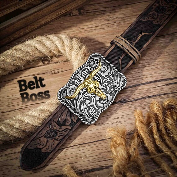 Small Genuine Leather Western Belt with Cow Skull Buckle CATTLE SKULL WESTERN RODEO EMBOSSED GENUINE COWHIDE LEATHER  main image 3