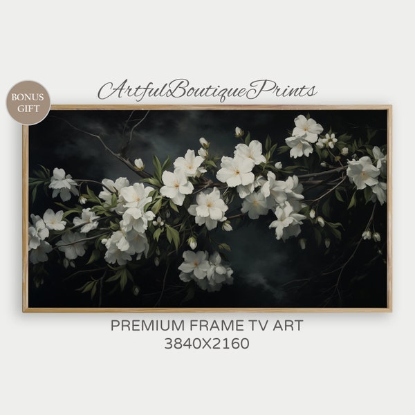 White Floral Painting Samsung Frame TV Detailed Art Maximalist Spring Vintage Wildflowers Decor Digital Download Tv Screensaver Dark Art