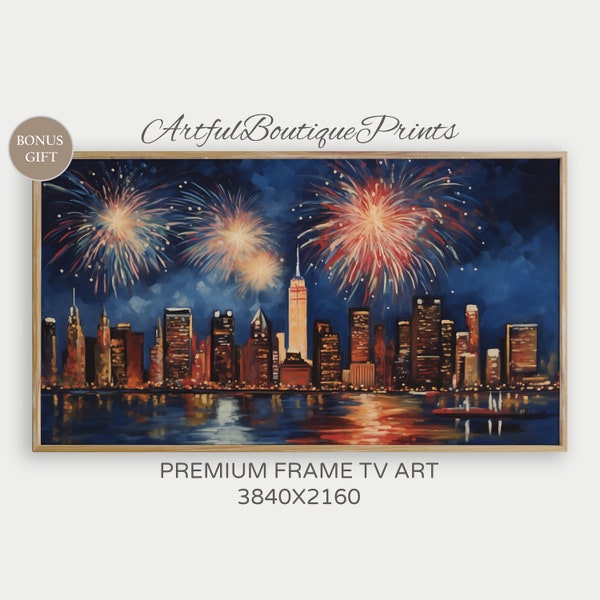 New York City Fire Works Night Time Art Independence Day Summer Frame Tv Art Digital Download 4th Of July Americana Decor Red White Blue USA