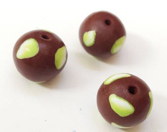 Brown And Green Round 11mm Polymer Clay Beads/ Set Of Three /Handmade Confetti Beads/ Jewelry Supplies/ Clay Beads