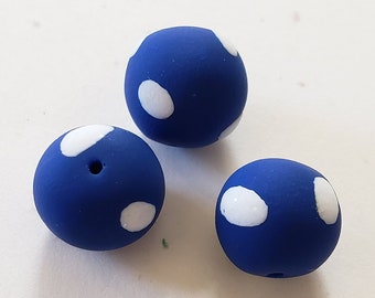 Round Polymer Clay 11mm Beads/ Set Of Three/ Blue With White Sparkle Dots/ Handmade Beads/ Jewelry Supplies/ Clay Beads