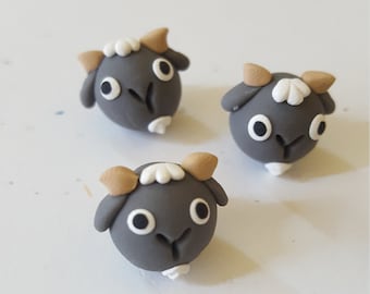 Goat Beads/ Set Of Three 14mm Polymer Clay Handmade Goat Heads/ Gray And White/ Farm Animals/ Animal Beads/Jewelry Supplies/ Crafts/ Beading