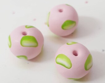 Pink And Green Round 11mm Polymer Clay Beads/ Set Of Three /Handmade Confetti  Beads/ Jewelry Supplies/ Clay Beads