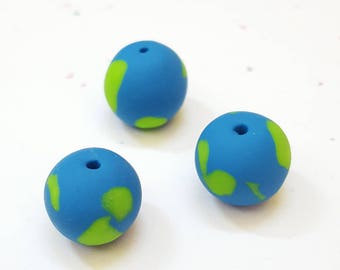 Earth Beads Round Polymer Clay 12mm / Set Of Three/ Turquoise Blue And Green/Earth Day/ Handmade Beads/ Jewelry Supplies/ Clay Beads