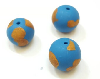 Earth Beads Round Polymer Clay 12mm/ Set Of Three/ Turquoise Blue And Gold Shimmer/Earth Day/ Handmade Beads/ Jewelry Supplies/ Clay Beads