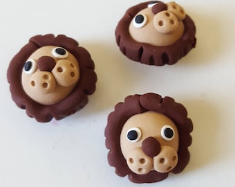 Lion Beads/ Set Of Three 16mm Polymer Clay Handmade Lion Heads/ Brown lions/ Zoo Animals/ Jungle Animals/ Jewelry Supplies/ Crafts/ Beading