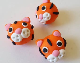 Tiger Beads/ Set Of Three 13mm Polymer Clay Handmade Tiger Heads/ Tigers/ Jungle Animals/ Zoo Animals/ Jewelry Supplies/ Crafts/ Beading