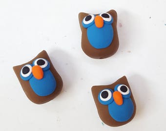 Owl Beads/ Set Of Three 14mm Handmade Polymer Clay Owls/ Brown And Blue/Jewelry Supplies/ Sculpey Beads/ Birds/Animal Beads/ Crafts/ Beading