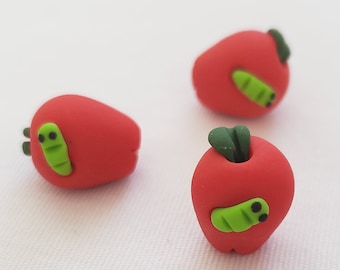 Apple Beads With Worms/ Set Of Three 15mm Polymer Clay Apples/ Handmade Clay Beads/ Jewelry Supplies/ Fruit Beads/ Crafts/ Beading