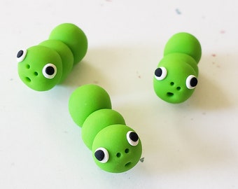 Caterpillar Beads/ Set Of Three 22mm Polymer Clay Green Caterpillars/ Handmade/ Jewelry Supplies/ Beads/ Worms/ Beading