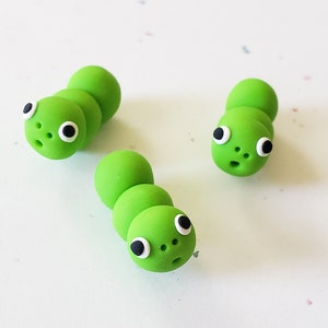 Caterpillar Beads/ Set Of Three 22mm Polymer Clay Green Caterpillars/ Handmade/ Jewelry Supplies/ Beads/ Worms/ Beading image 1