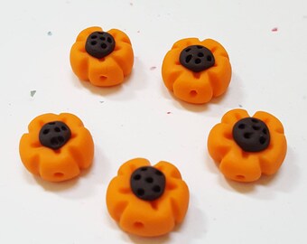 Flower Beads/ Orange And Brown/ Set Of Five 12mm Polymer Clay Flowers/ Handmade/ Jewelry Supplies/ Craft Beads/ Beading