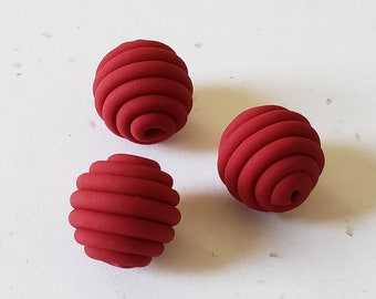 Red Round Polymer Clay Coil Beads/ Set Of Three 15mm Handmade Beads/ Jewelry Supplies/ Sculpey Clay Beads