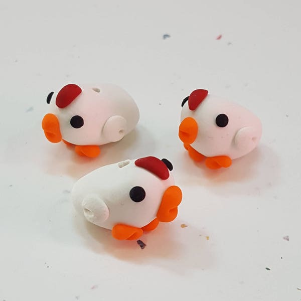 Chicken Beads/ Set Of Three 15mm Handmade Polymer Clay Chickens/ Jewelry Supplies/ Beads/ Farm Animal Beads/ Crafts/ Beading