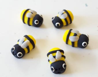 Bumble Bee Beads/ Set Of Five/ 16mm/ Handmade/ Polymer Clay/ Jewelry Supplies/ Small Beads/ Yellow And Black/ Bees/ Beading