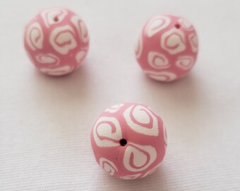 Pink And White Round 15mm Polymer Clay Beads/ Set Of Three/ Handmade Sculpey Beads/ Jewelry Supplies/ Clay Beads