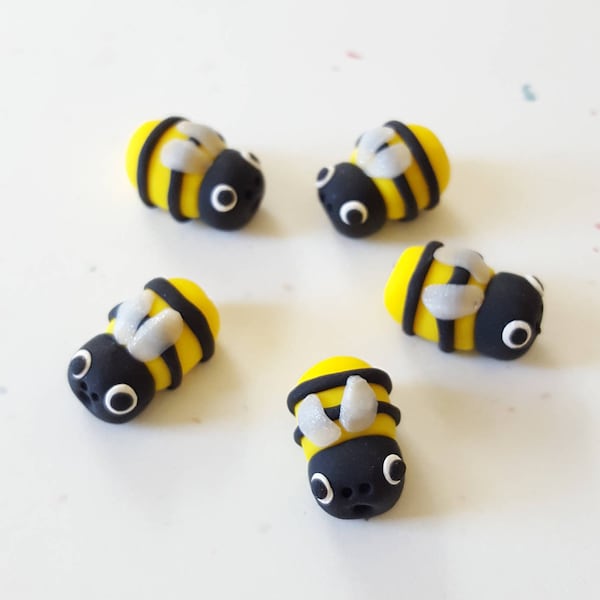 Bumble Bee Beads/ Set Of Five/ 16mm/ Handmade/ Polymer Clay/ Jewelry Supplies/ Small Beads/ Yellow And Black/ Bees/ Beading