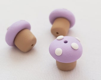 Lavender Mushroom Beads/ Set Of Three 13mm Polymer Clay Mushrooms/Handmade/Jewelry Supplies/ Fairy Garden / Toadstool Beads/ Crafts/ Beading