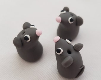 Mouse Beads/ Set Of Three 15mm Polymer Clay Gray Mice/ Crafting Supplies/ Handmade Beads/ Animal Beads/ Crafts/ Beading