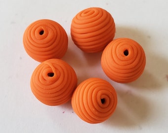 Orange Round Polymer Clay Coil Beads/ Set Of Five 10mm Handmade Beads/ Jewelry Supplies/ Sculpey Clay Beads