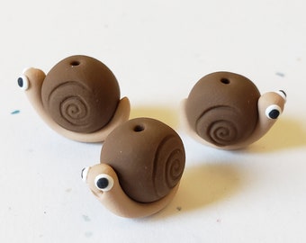 Snail Beads Brown and Tan /Polymer Clay/ Set Of Three 14mm Handmade Snails/ Jewelry Making Supplies/ Insect Beads/ Beading