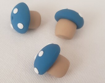 Blue Mushroom Beads/Set Of Three 13mm Polymer Clay Mushrooms/ Handmade/Jewelry Supplies/Fairy Garden Beads/ Toadstool Beads/ Crafts/ Beading