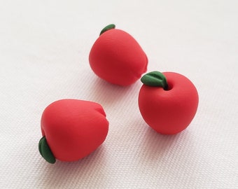 Apple Beads 15mm/ Set Of Three/ Handmade/ Polymer Clay Red Apples/ Jewelry Supplies/ Fruit Beads/ Crafts/ Beading