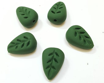 Leaf Beads/ Dark Green/ Set Of Five 15mm Polymer Clay Leaves/ Handmade/ Jewelry Supplies/ Craft Beads/ Beading