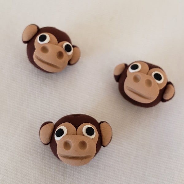 Monkey Beads/ Set Of Three 11mm Polymer Clay Handmade Monkey Heads/ Monkeys/ Jungle Animals/ Zoo Animals/ Jewelry Supplies/ Crafts/ Beading