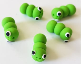 Caterpillar Beads/ Set Of Five/ 18mm/ Polymer Clay/Handmade/ Jewelry Supplies/ Small Beads/ Green Caterpillars/ Beading