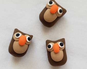 Owl Beads/ Set Of Three 17mm Polymer Clay Owls/ Handmade/ Brown/ Jewelry Supplies/ Beads/ Birds/ Animal Beads/ Crafts/ Beading