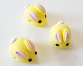 Bunny Rabbit Beads/ Set Of Three 14mm Polymer Clay Yellow Bunnies/ Handmade/ Jewelry Supplies/ Easter Beads/ Animal Beads/ Crafts/ Beading