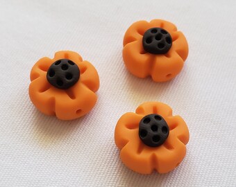 Flower Beads/ Orange And Brown/ Set Of Three 16mm Polymer Clay Autumn Flowers/ Fall Colors/ Handmade/ Jewelry Supplies/ Craft Beads/ Beading