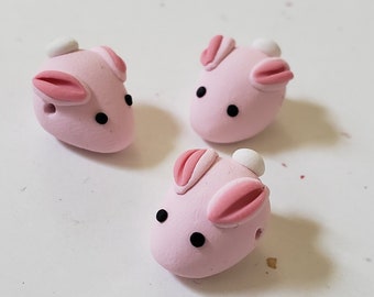 Bunny Rabbit Beads/ Set Of Three 16mm Polymer Clay Pink Bunnies/ Handmade/ Jewelry Supplies/ Easter Beads/ Animal Beads/ Crafts/ Beading