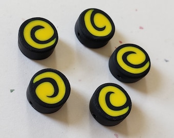 Black And Yellow Swirl Polymer Clay Coin Beads/ Set Of Five 11mm Handmade Pinwheel Beads/ Jewelry Supplies/ Round/ Circle Clay Beads