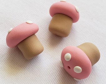 Pink Mushroom Beads/ Set Of Three 14mm Polymer Clay Mushrooms/Handmade Jewelry Supplies/Fairy Garden Beads/ Toadstool Beads/ Crafts/ Beading