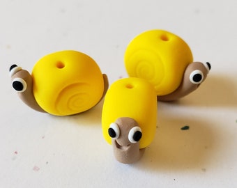 Snail Beads Yellow And Tan / Polymer Clay/ Set Of Three 14mm Handmade Snails/ Jewelry Making Supplies/ Insect Beads/ Beading