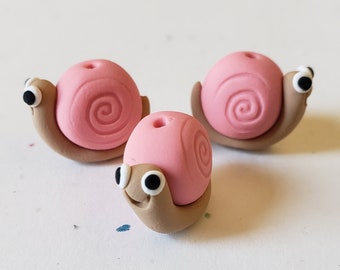 Snail Beads Pink And Tan / Set Of Three 13mm Handmade Polymer Clay Snails/ Jewelry Making Supplies/ Insect Beads/ Beading