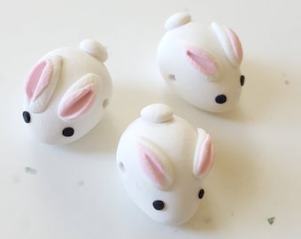 Bunny Rabbit Beads/ Set Of Three 15mm Polymer Clay White Bunnies/ Handmade/ Jewelry Supplies/ Easter Beads/ Animal Beads/ Crafts/ Beading