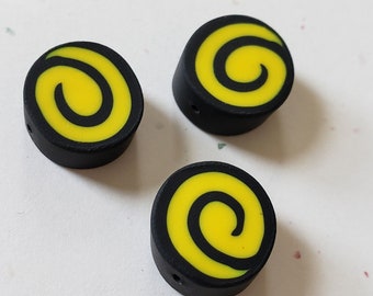 Black And Yellow Swirl Polymer Clay Coin Beads/ Set Of Three 15mm Handmade Pinwheel Beads/ Jewelry Supplies/ Round/ Circle Clay Beads