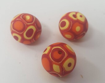 Red, Orange, Yellow Round 13mm Polymer Clay Beads/ Set Of Three/ Handmade Sculpey Beads/ Jewelry Supplies/ Clay Beads